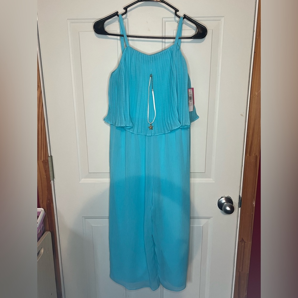 Girls BNWT turquoise jumpsuit with matching necklace